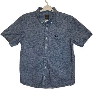 RVCA Mens Blue Cloud Swirl Print Short Sleeve Button Down Shirt Regular Fit M